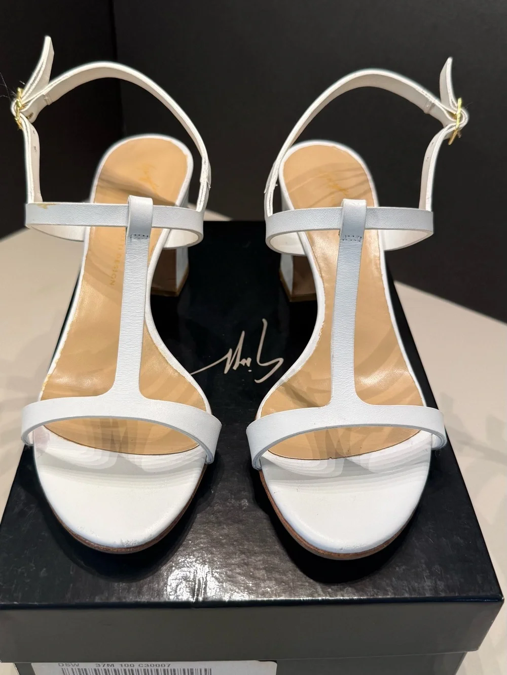 Giuseppe Zanotti White T-Strap Block Heel Sandals with Gold Accent